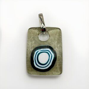 Fused Glass Pendant Clear Rectangular With Blue White Circle 2”